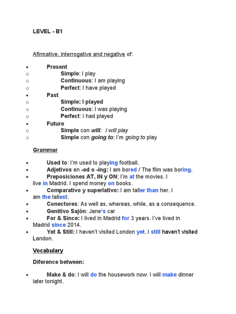 B1 English Grammar and Vocabulary Guide | PDF | Language Arts & Discipline