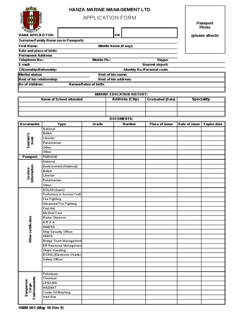 Hanza Marine Management Application Form | PDF | Oil Tanker | Oil
