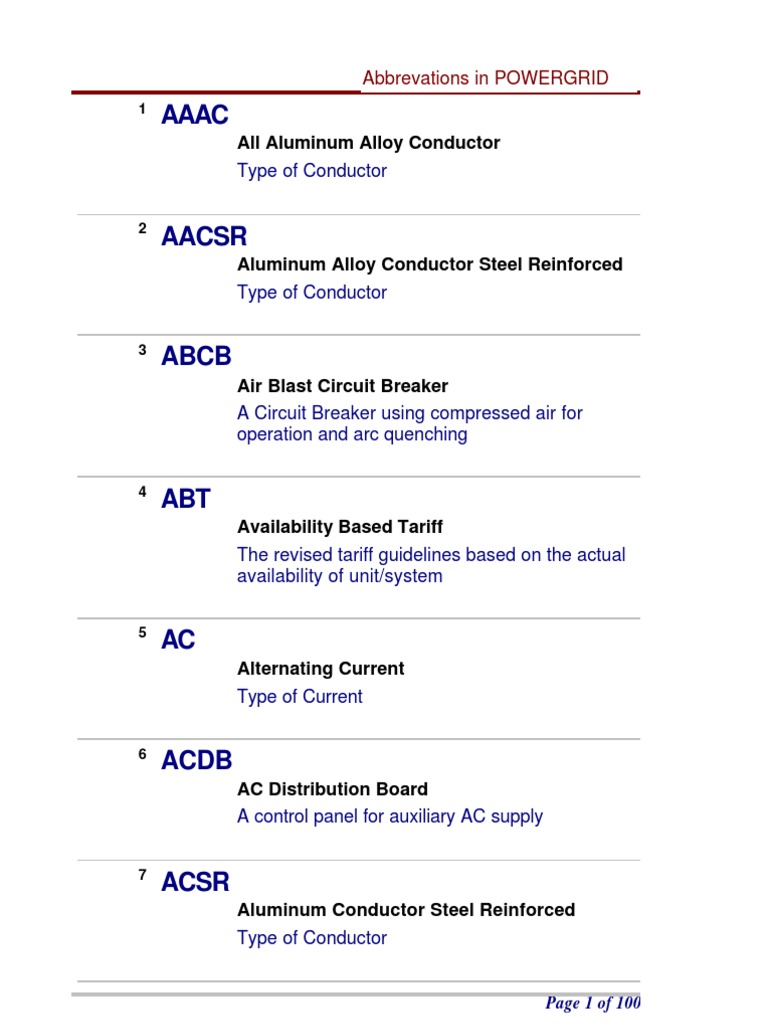 Abbreviations Powergrid PDF Electric Power Transmission