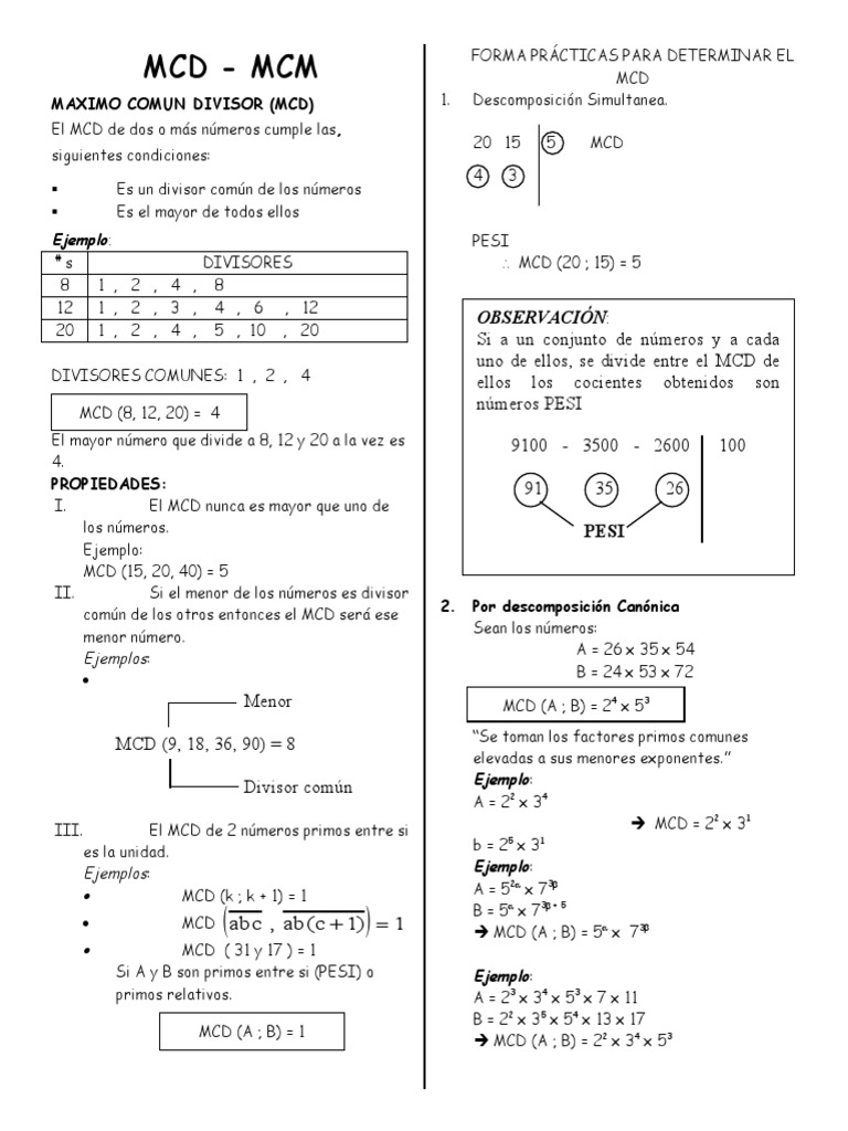 MCD y MCM: Conceptos y Ejemplos | PDF | División (Matemáticas ...