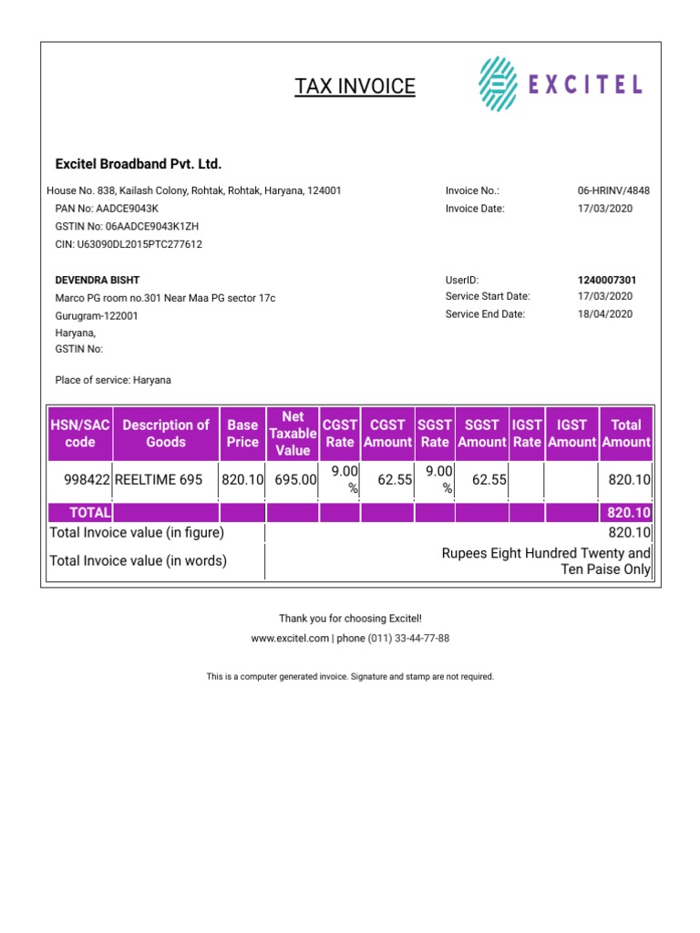 Tax Invoice: Excitel Broadband Pvt. LTD | PDF | Payments | Policy