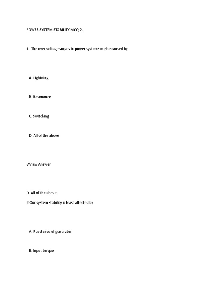 Power System Stability MCQs Overview | PDF | Steady State | Power (Physics)