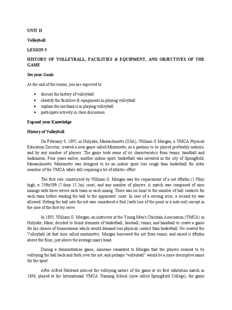 Unit Ii Volleyball Lesson 5 History of Volleyball, Facilities