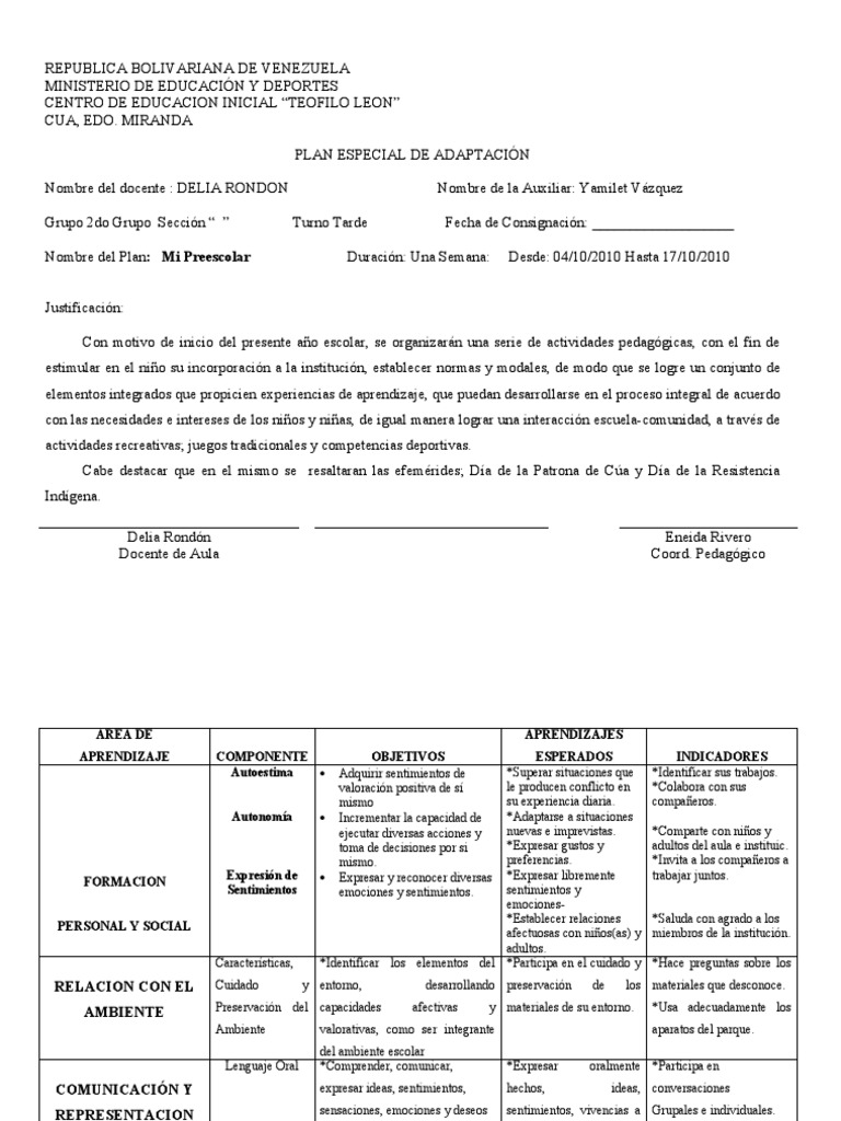 Plan de Adaptacion Inicial | PDF | Educación de la primera infancia ...