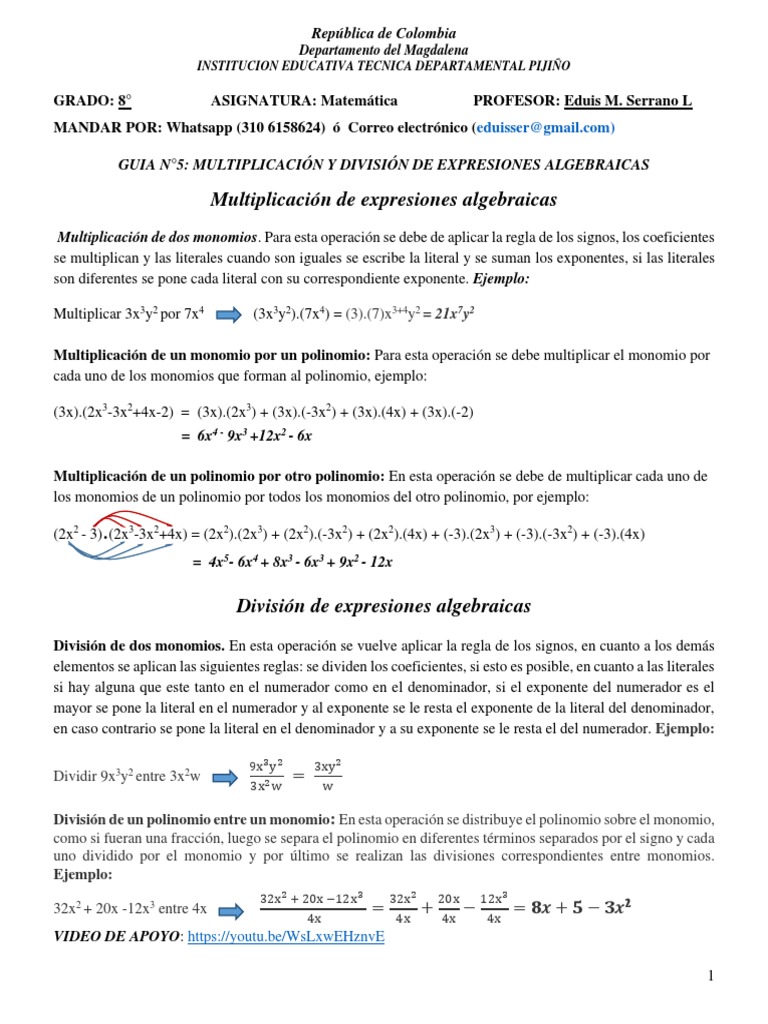 GUIA #5 Multiplicacion y Division de Expresiones Algebraicas | PDF ...