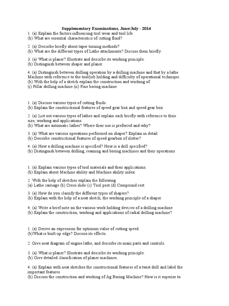Analysis of Machine Shop Examination Questions Covering Lathes, Milling