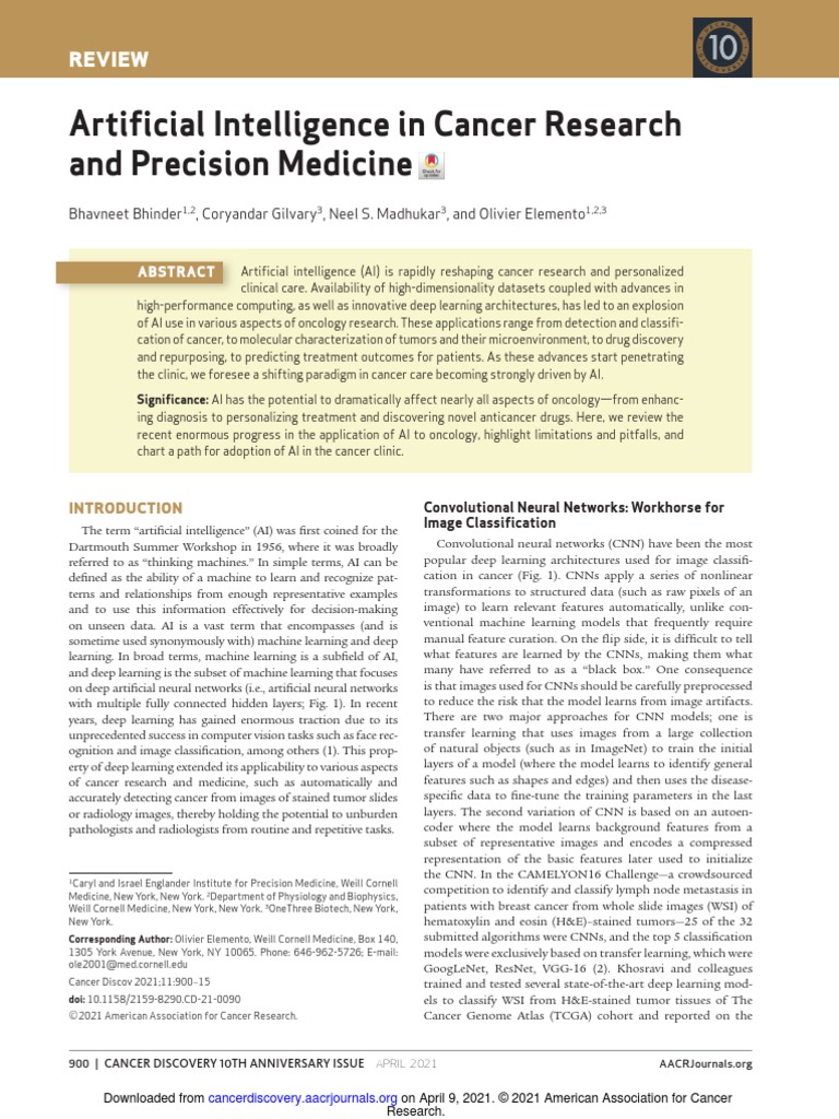 Artifi Cial Intelligence in Cancer Research and Precision Medicine ...