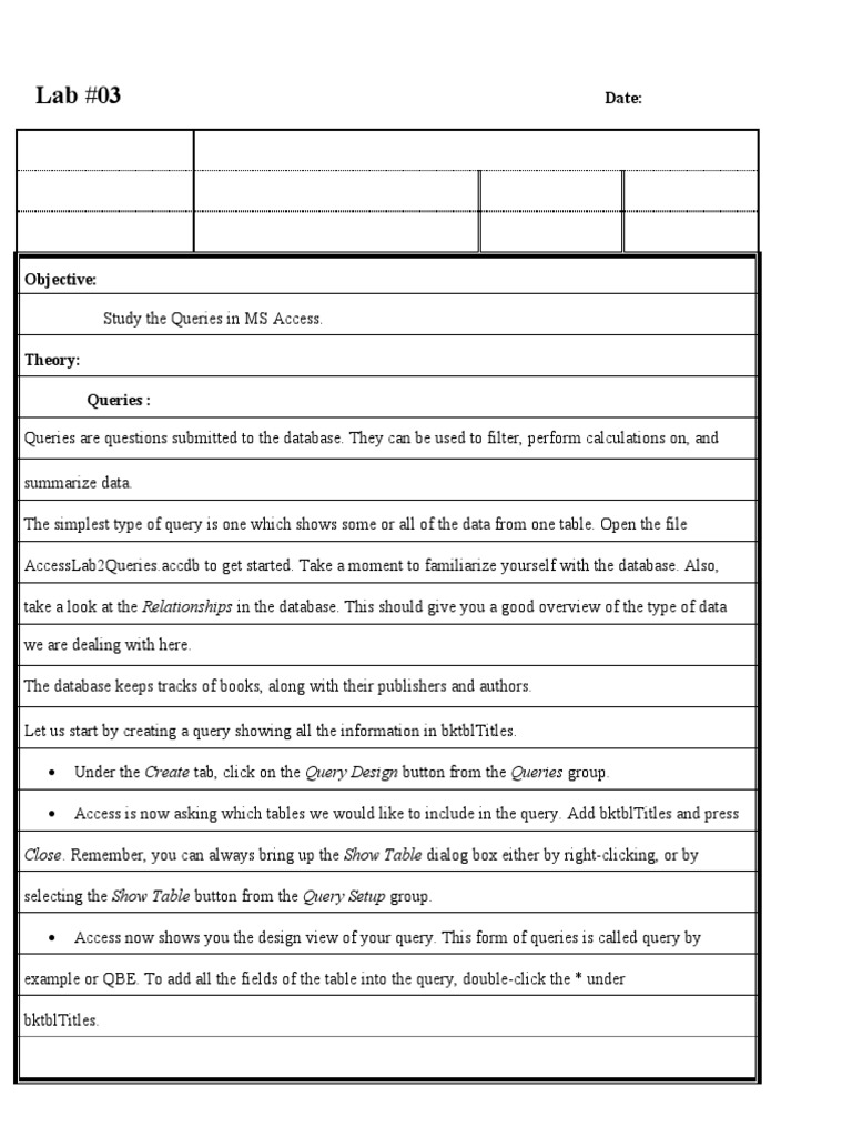 MS Access Query Design Guide | PDF | Table (Database) | Databases