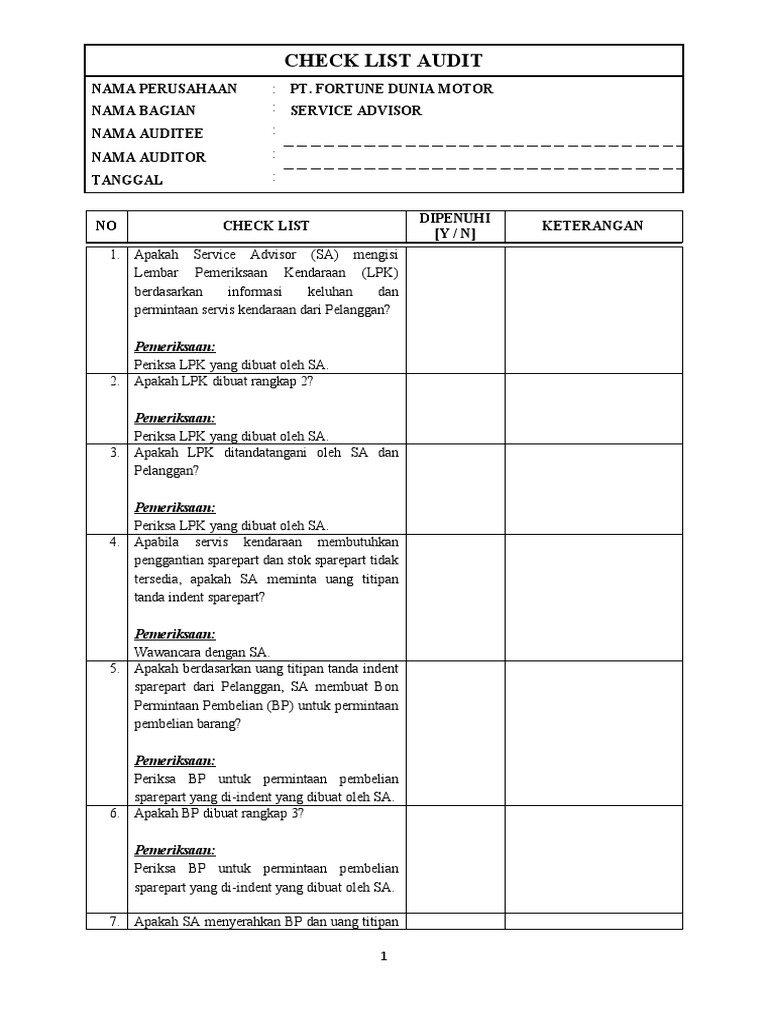Audit Checklist Service Advisor | PDF | Bisnis