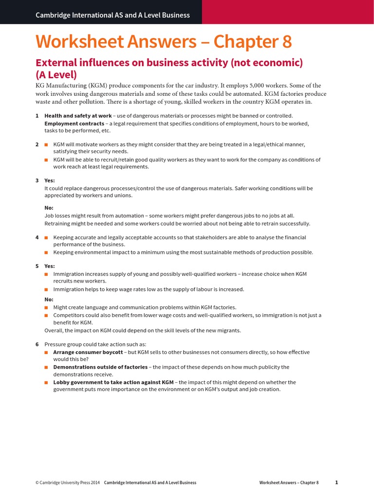 Worksheet Answers Chapter 8 External Influences On Business Activity (Not Economic) (A Level