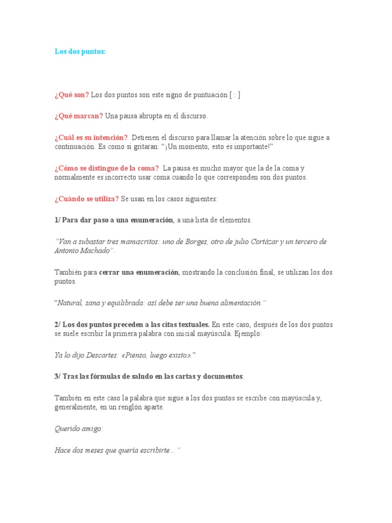Uso y ejemplos de los dos puntos | PDF | Coma | Puntuación