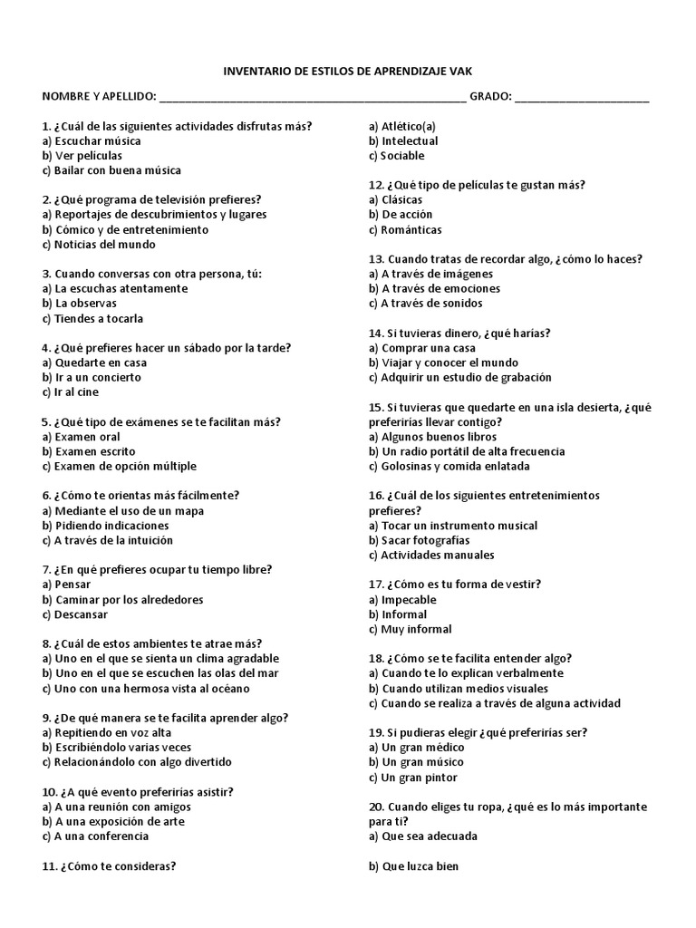 Test de Estilos de Aprendizaje VAK | PDF | Prueba (evaluación)