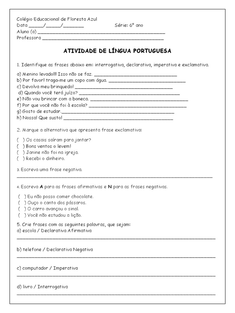 Atividade Tipo de Frases 6 Ano | PDF
