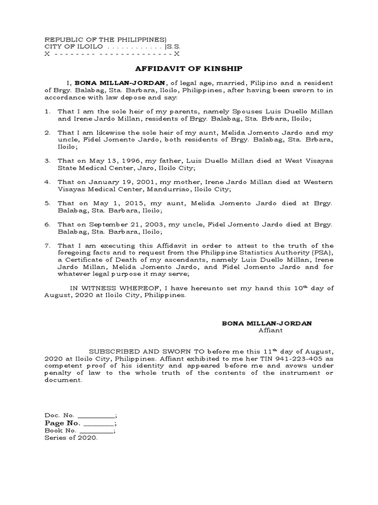 Aff Sole Heir Kinship Jordan PDF Affidavit Civil Law Law)
