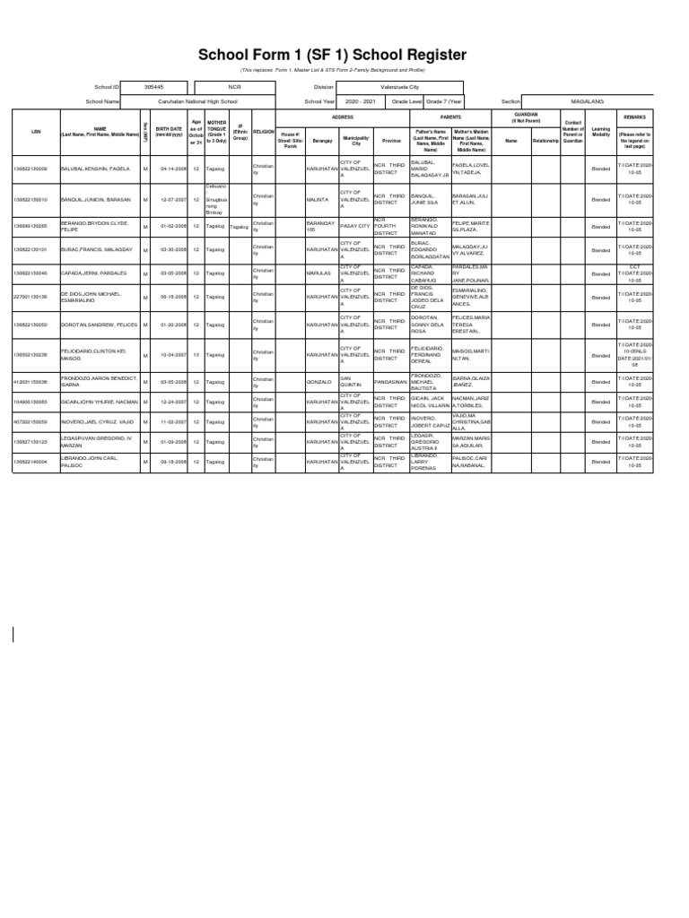 School Form 1 Sf 1 School Register Pdf Languages Of Asia