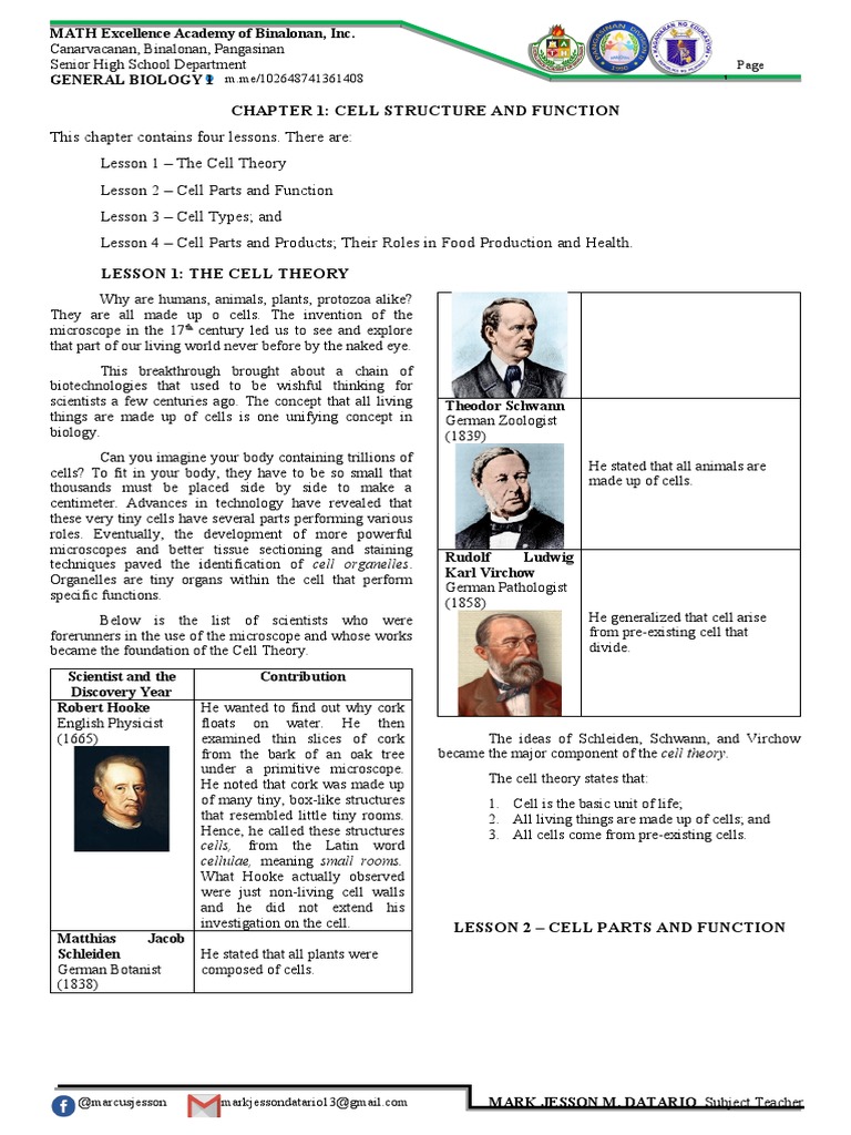 Chapter 1: Cell Structure and Function: MATH Excellence Academy of ...