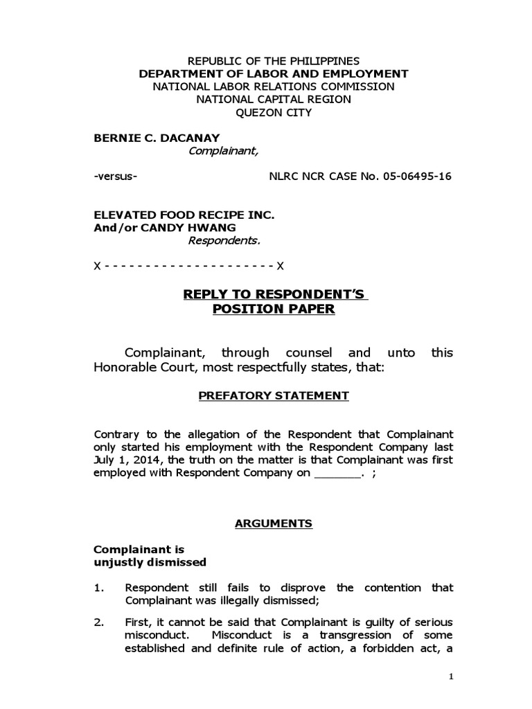 Reply to NLRC Case on Unjust Dismissal | PDF | Employment | Labour Law