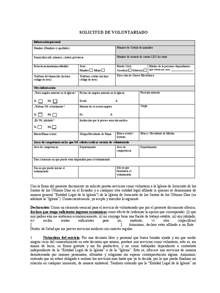 Ecuador Volunteer Declaration Form 1 (Spanish) | PDF | Iglesia Católica ...