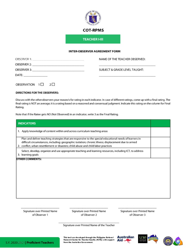 COT-RPMS Inter-Observer Agreement Form For T I-III For SY 2020-2021 in ...