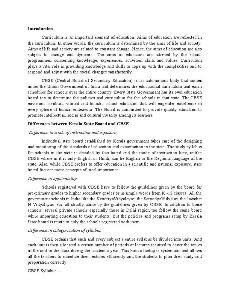 Differences Between Kerala State Board and CBSE PDF Curriculum