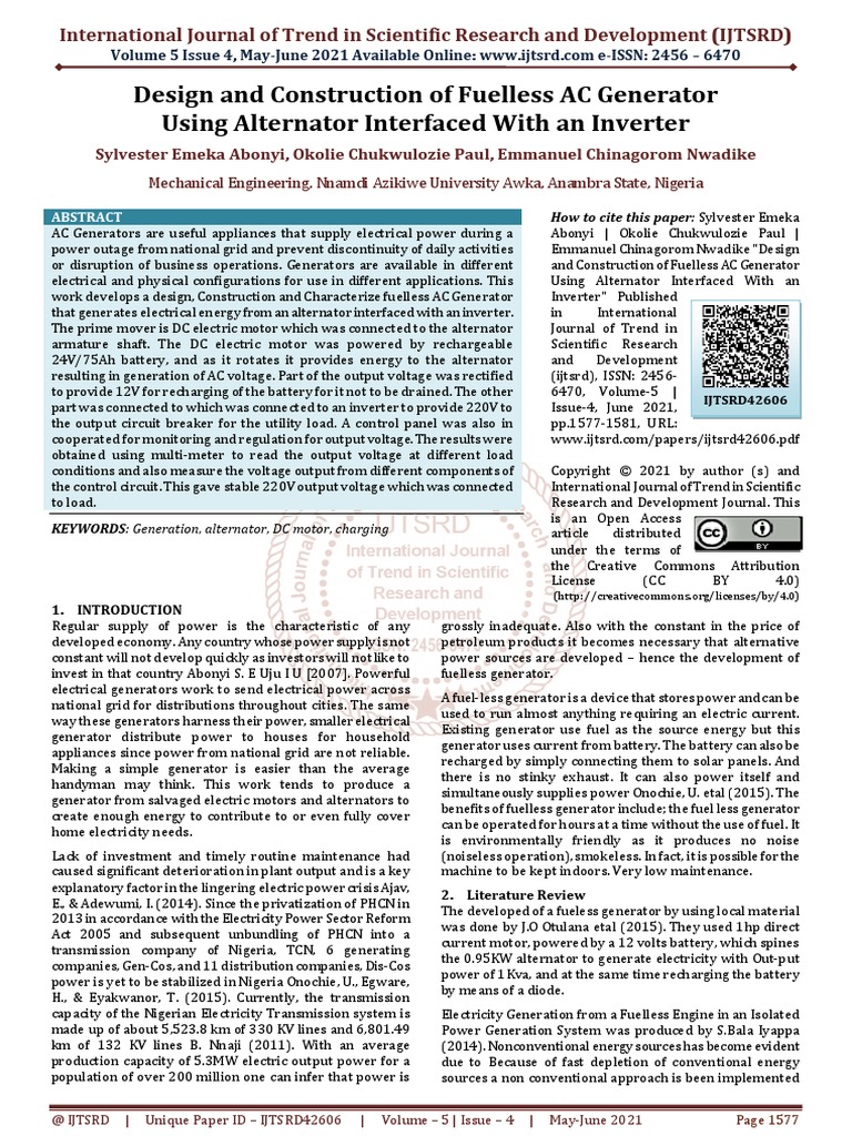Design and Construction of Fuelless AC Generator Using Alternator ...