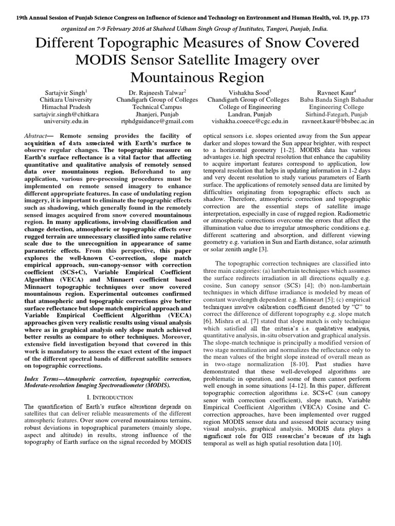 Topographic Correction Techniques for Snow MODIS | PDF | Remote Sensing ...