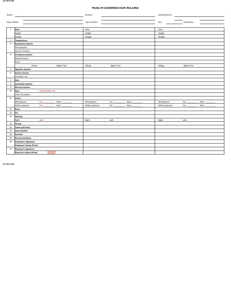 CS Form 86 Health Examination Record | PDF