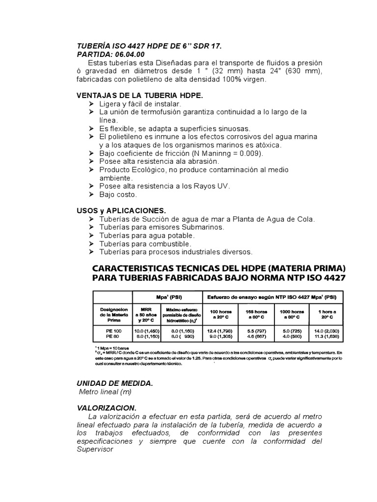 Tubería Iso 4427 Hdpe de 6 | PDF