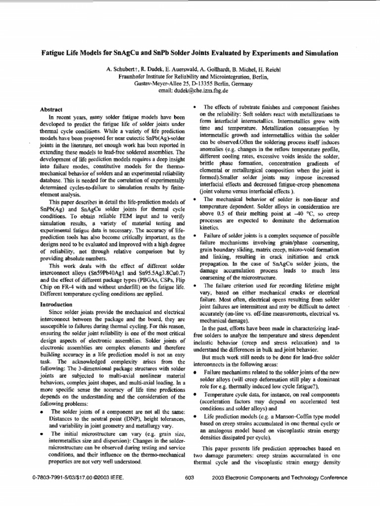 Fatigue Life Models For SnAgCu and SNPB Solder Joints PDF Creep