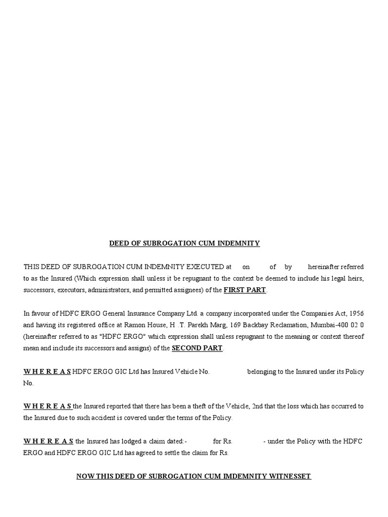 HDFC Ergo Subrogation Deed Template | PDF | Subrogation | Indemnity