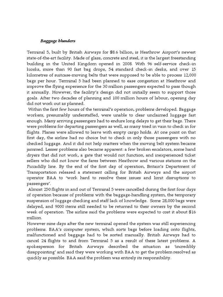 Baggage Blunders Assignment 2 Case Study. Due 27 August 2017 To