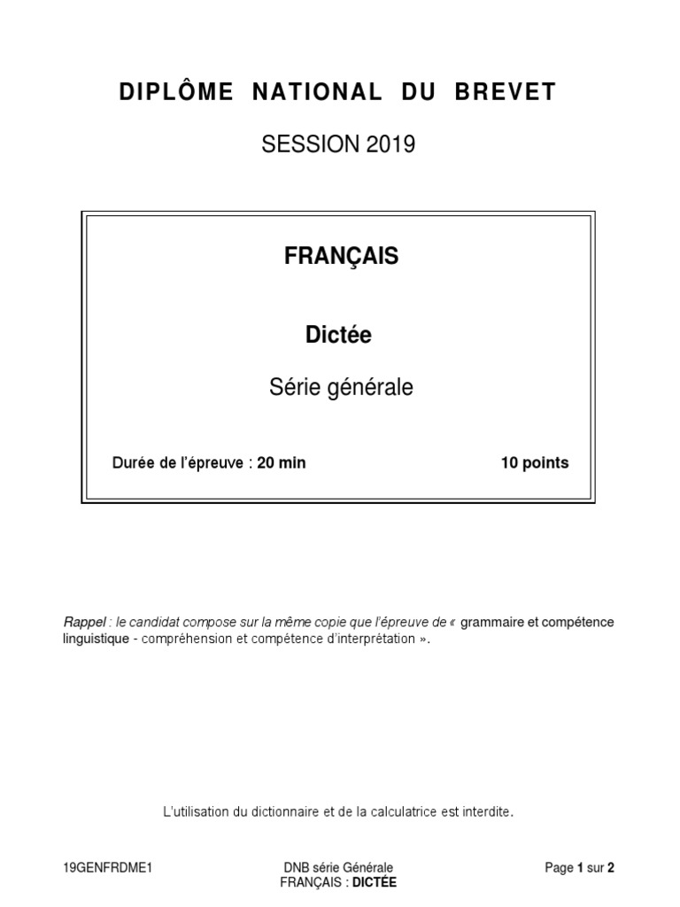 Sujet Brevet Français 2019 Pdf Corrigé BREVET 2019 Generale Dictee | PDF