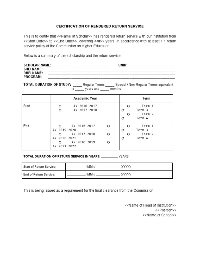 Certification of Rendered Return Service | PDF