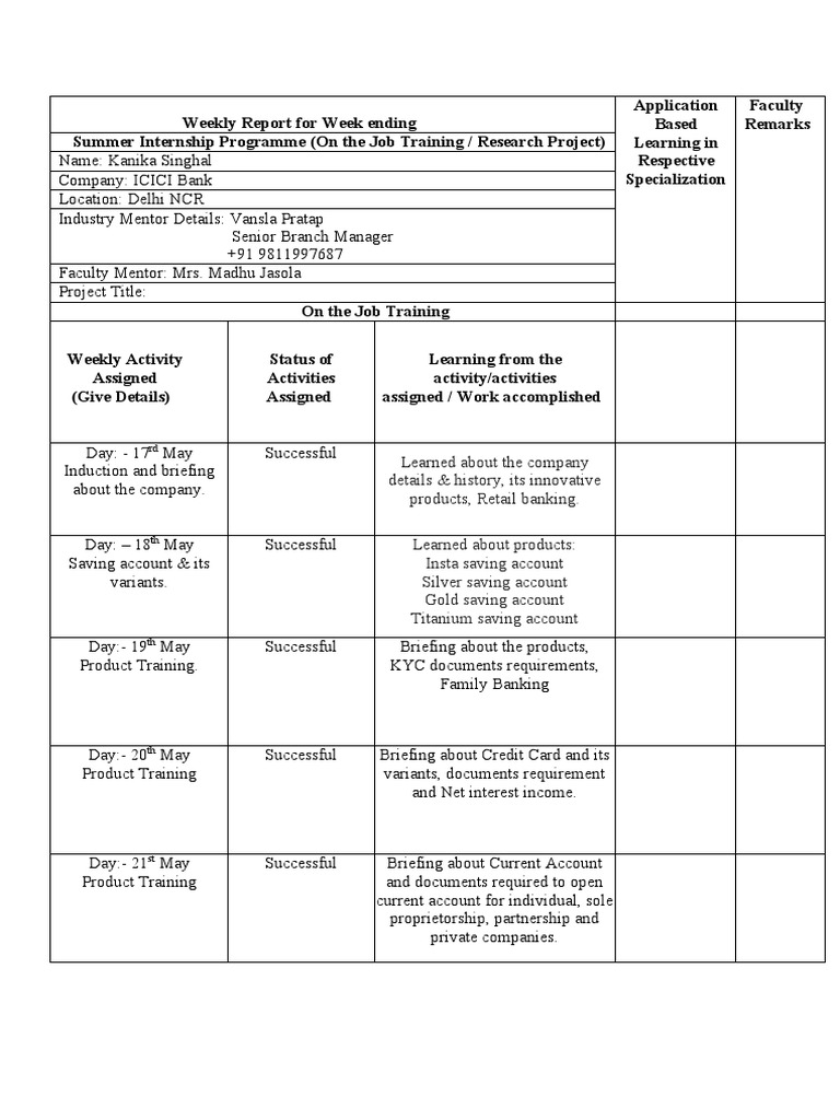 Weekly Internship Report: ICICI Bank | PDF | Banking | Business