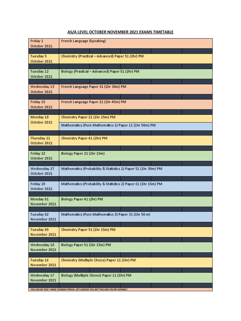 As/A Level October November 2021 Exams Timetable PDF