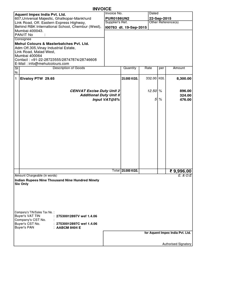 Invoice for Elvaloy PTW Purchase | PDF
