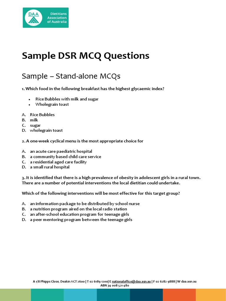 Sample DSR MCQ Questions On Template | PDF | Vitamin | Fat