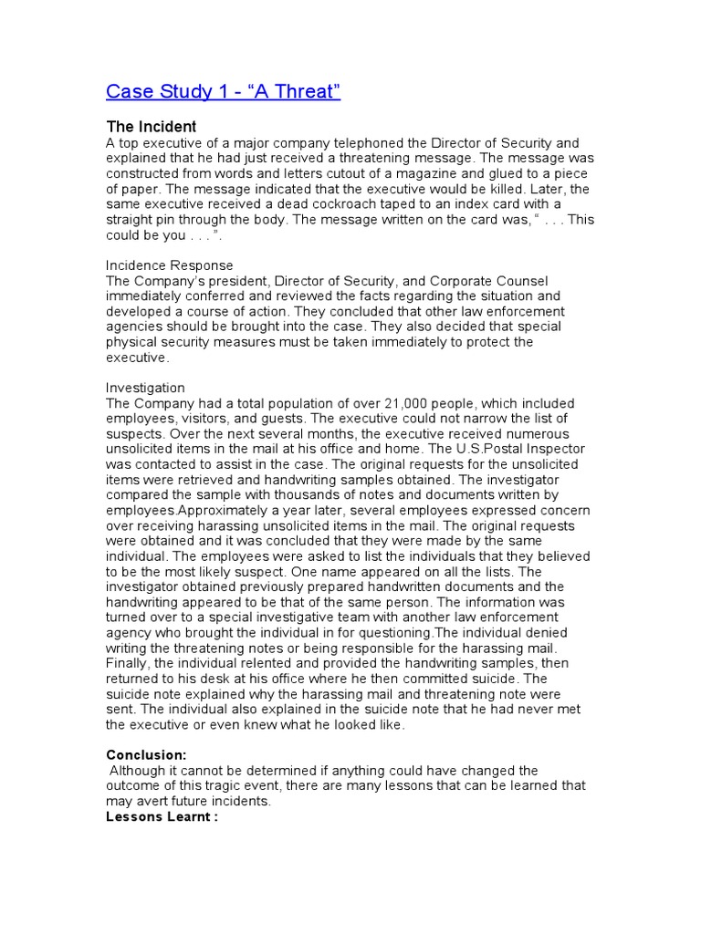 Case Study 1.doc Threat - Work Place Conflict and Violence | PDF | Mail ...