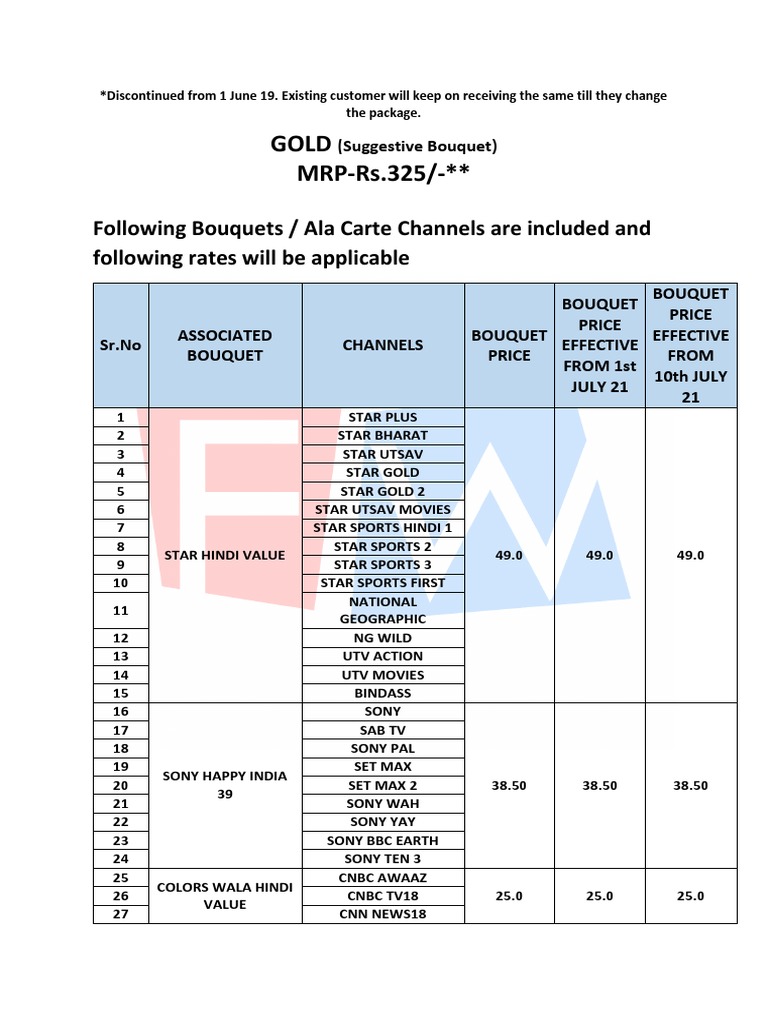 Gold MRPRs.325/ Following Bouquets / Ala Carte Channels Are