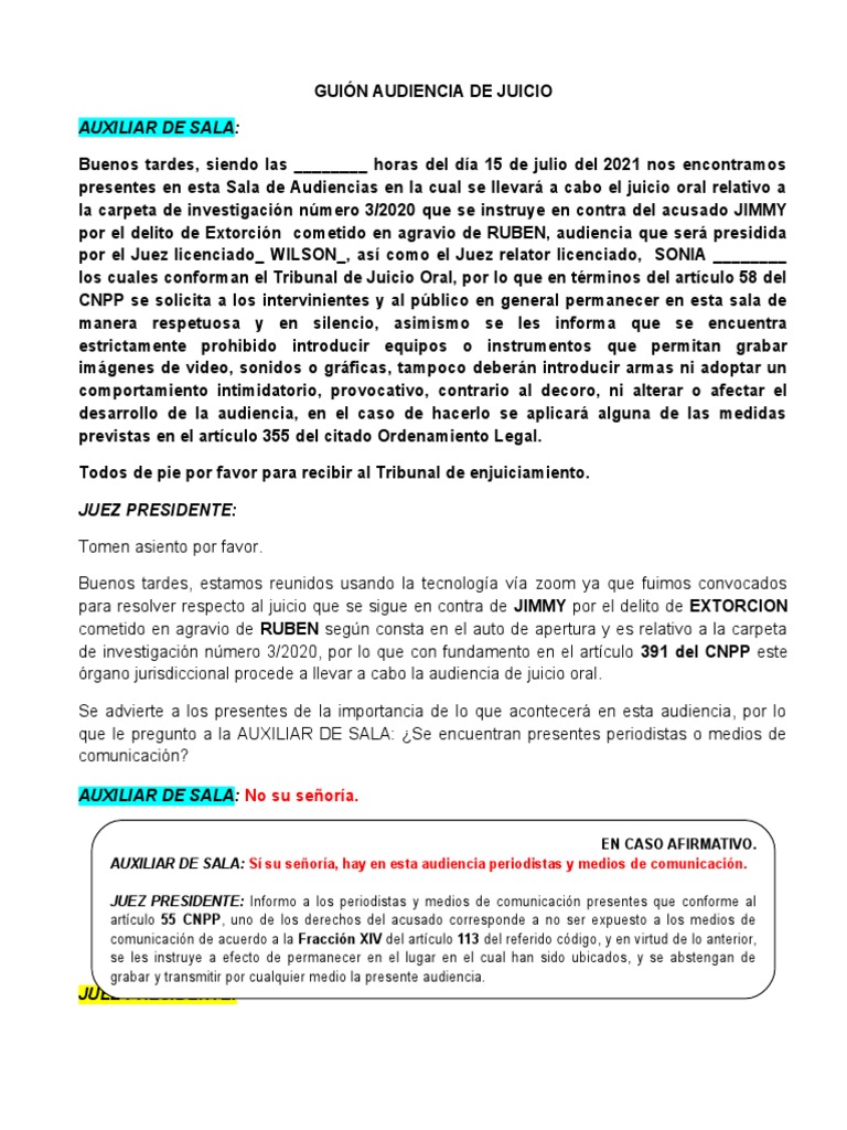 Guion de Audiencia de Juicio Oral | PDF | Homicidio | Juez