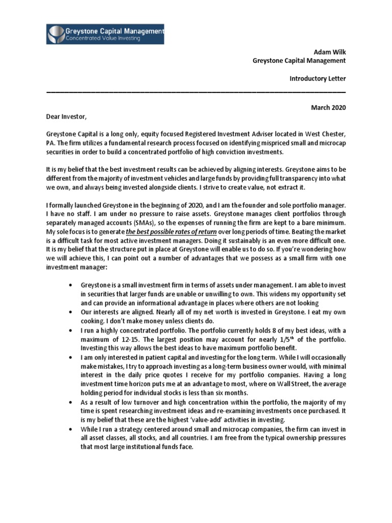 Greystone Capital Introductory Letter PDF Investment Management