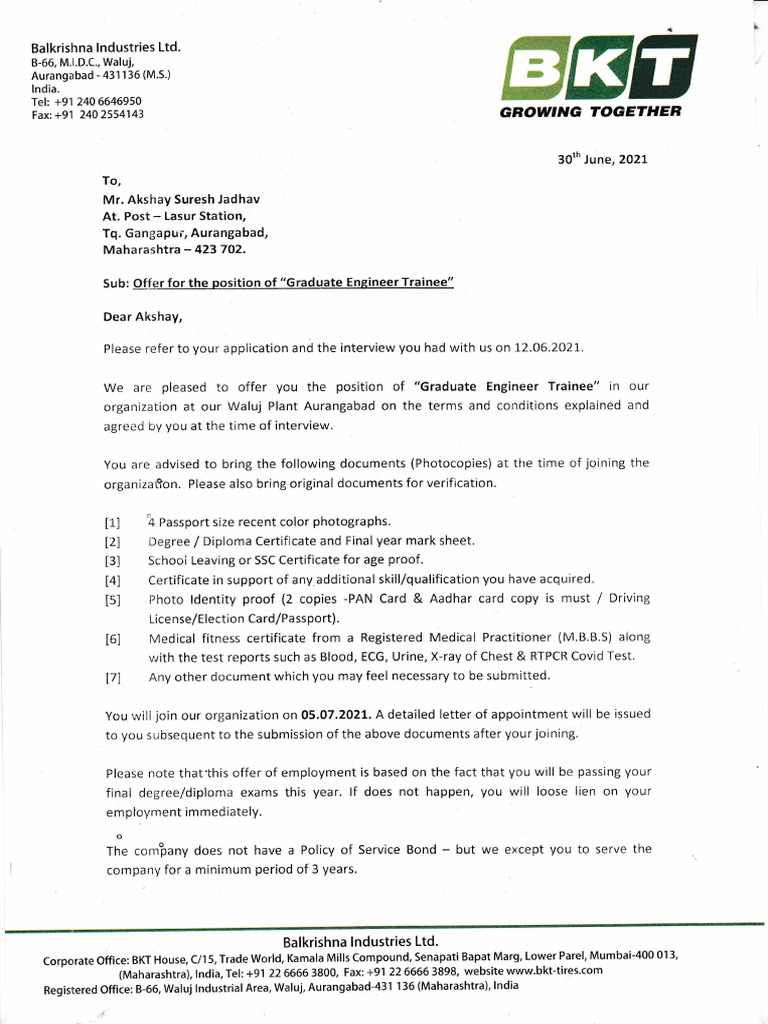Graduate Engineer Trainee Offer Letter | PDF | Business | Wellness