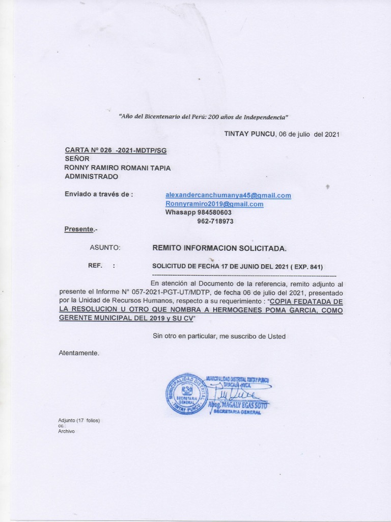 Carta #026-2021-MDTP-SG | PDF | Gobierno local | Servicio Civil