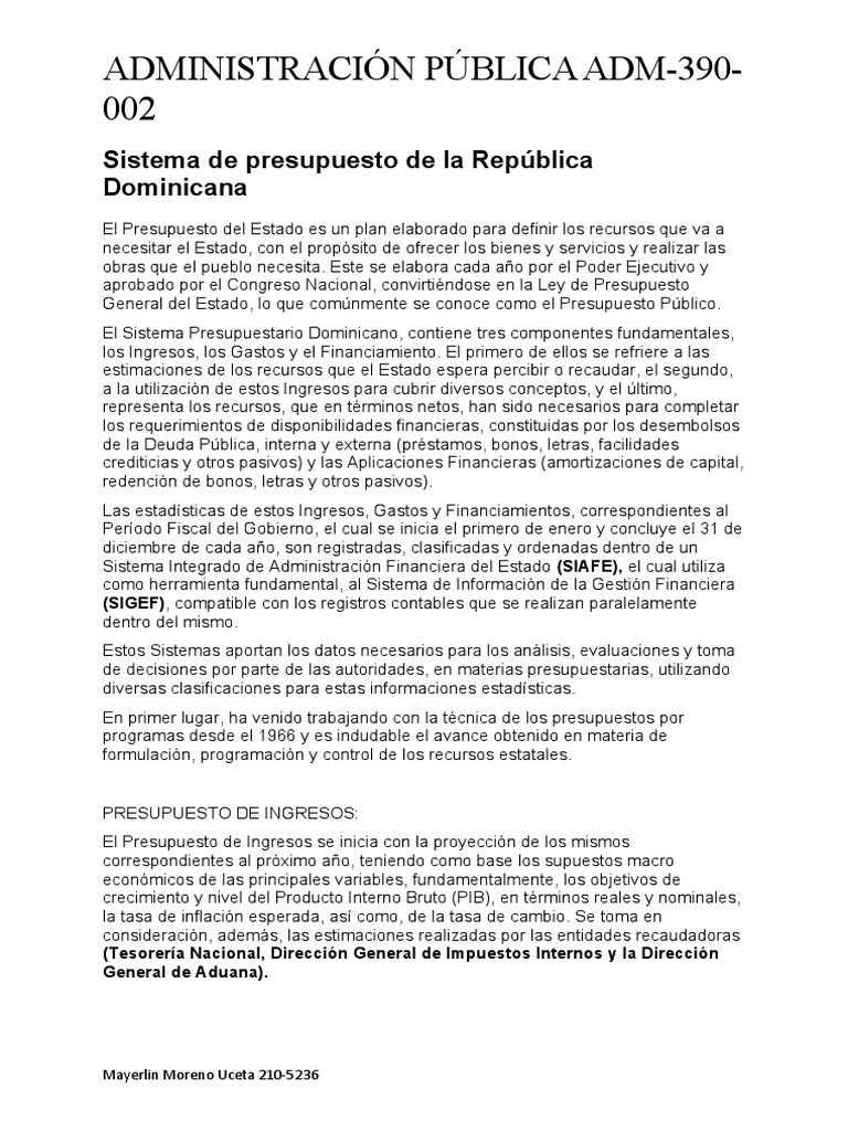 Sistema de Presupuesto de La Republic Dominicana PDF Presupuesto