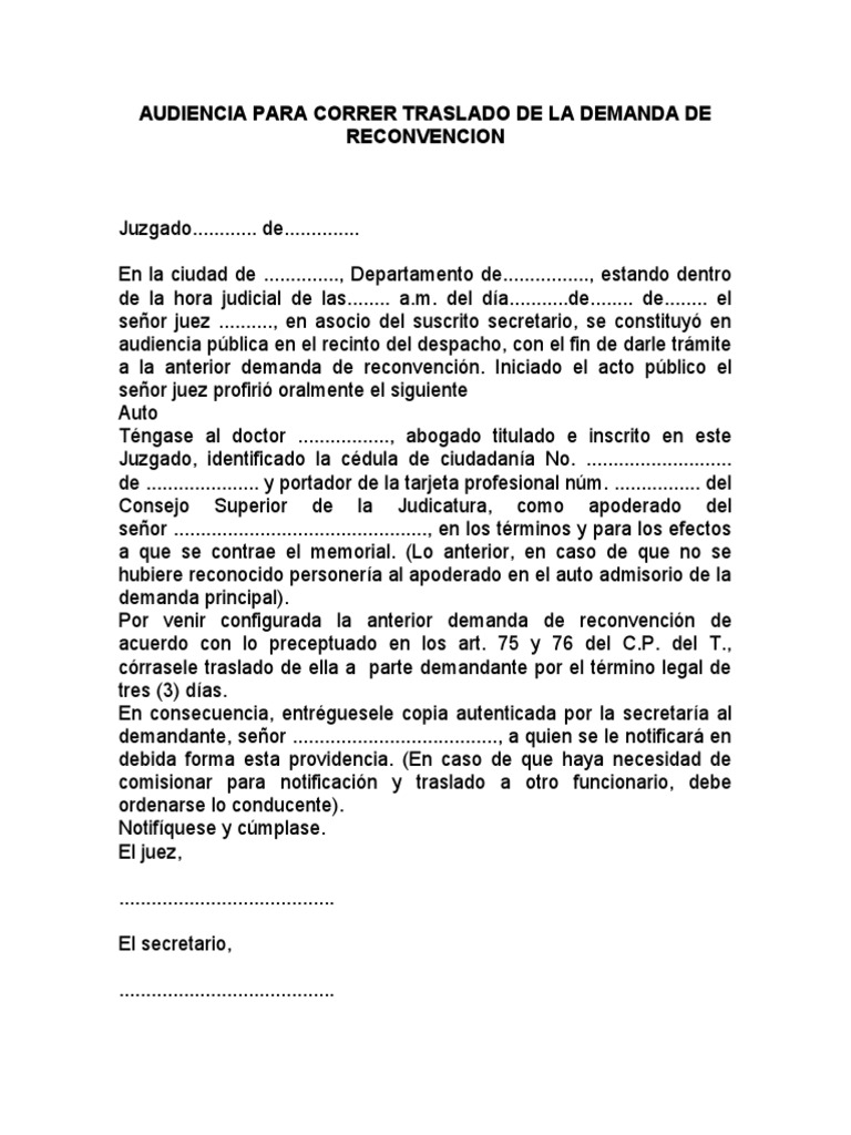 Audiencia para Correr Traslado de La Demanda de Reconvencion PDF
