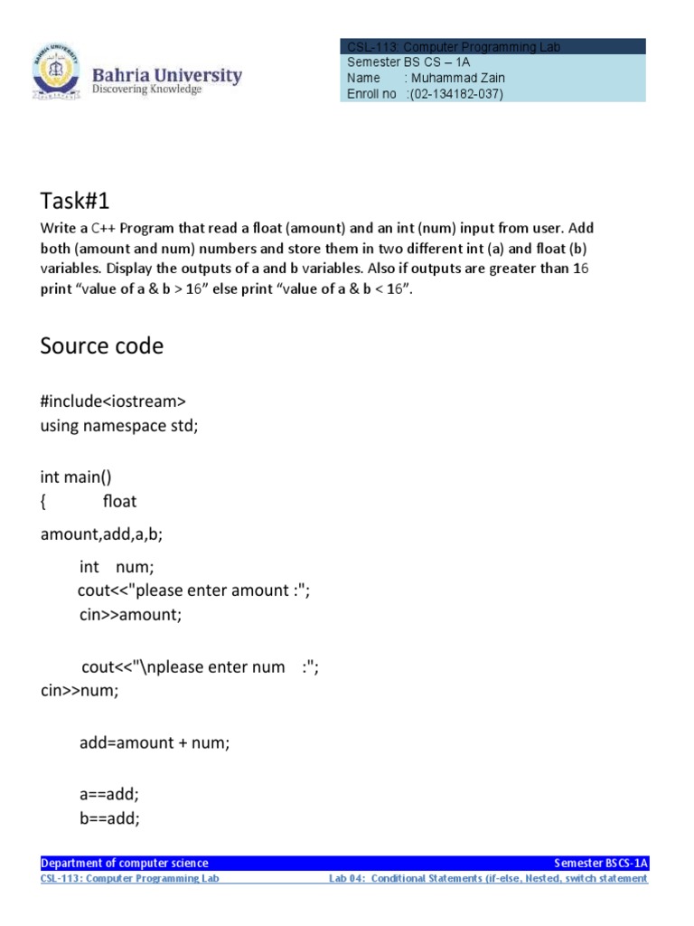 Task#1: CSL-113: Computer Programming Lab Semester BS CS - 1A Name ...