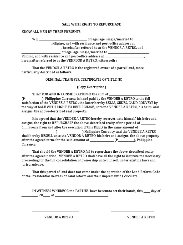 Sale Agreement with Repurchase Rights | PDF | Urban | Land Law
