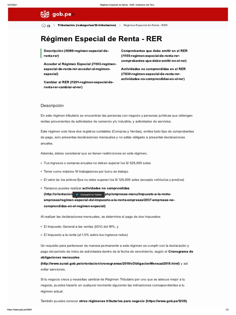 Régimen Especial de Renta - RER - Gobierno Del Perú | PDF