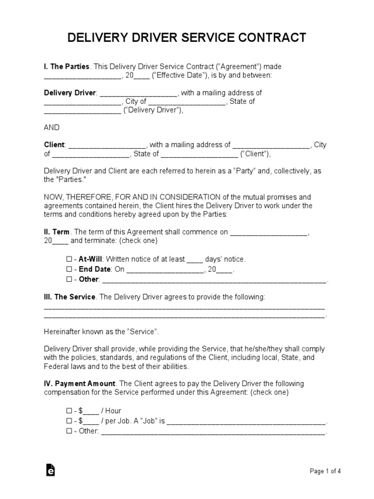 Delivery driver service contract pdf indemnity confidentiality