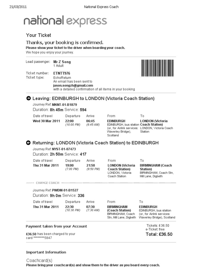 National Express Coach PDF Ticket (Admission) Public Transport